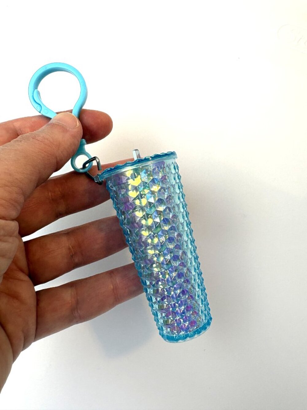 Mini Drink Studded Cup Tumbler Keychain Bag Charm in iridescent blue. New no tag